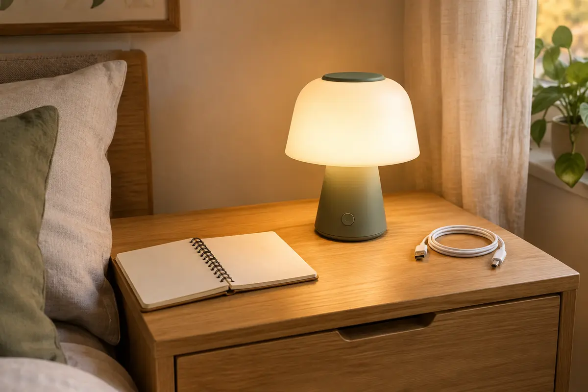 Lampe de table sans fil allumée sur une table de chevet, avec son câble de recharge posé à côté.