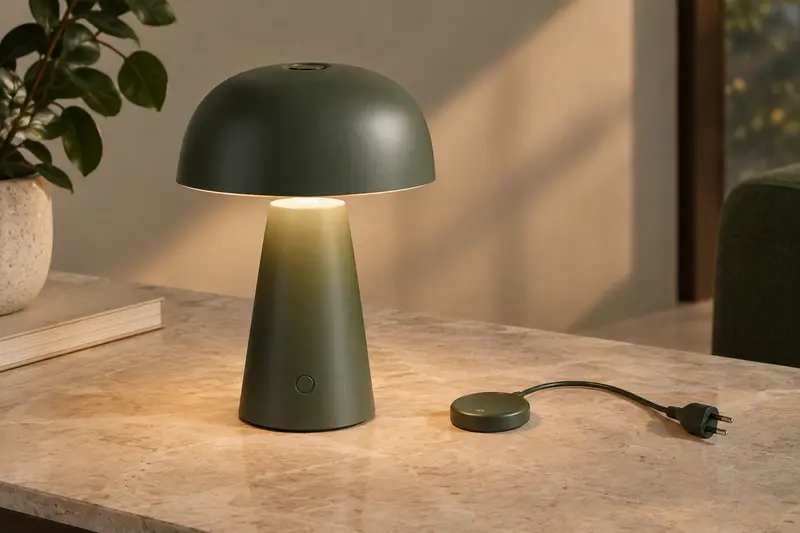Lampe de table sans fil posée seule sur une surface en pierre, dans un décor épuré.