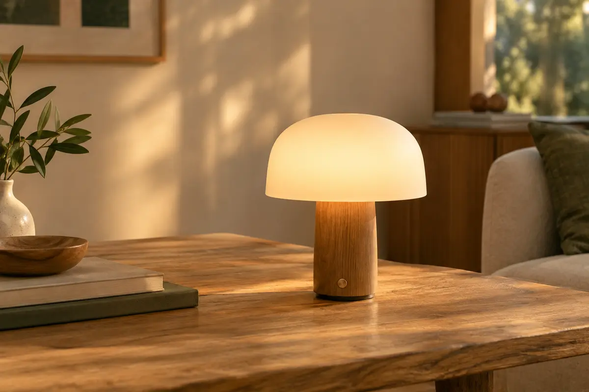 Lampe de table sans fil posée sur une table en bois, dans une ambiance sobre et accueillante.